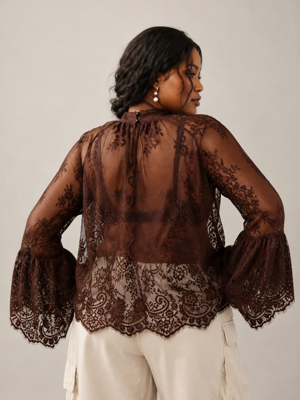 Sheer Lace Long-Sleeve Bralette Top - Brown - Picture 2 of 3